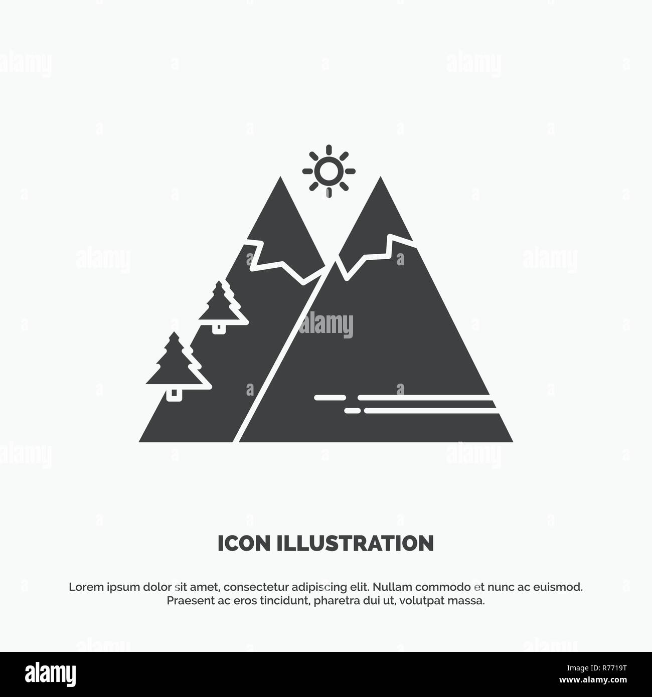 Mountains, Nature, Outdoor, Sun, Hiking Icon. glyph vector gray symbol for UI and UX, website or mobile application Stock Vector