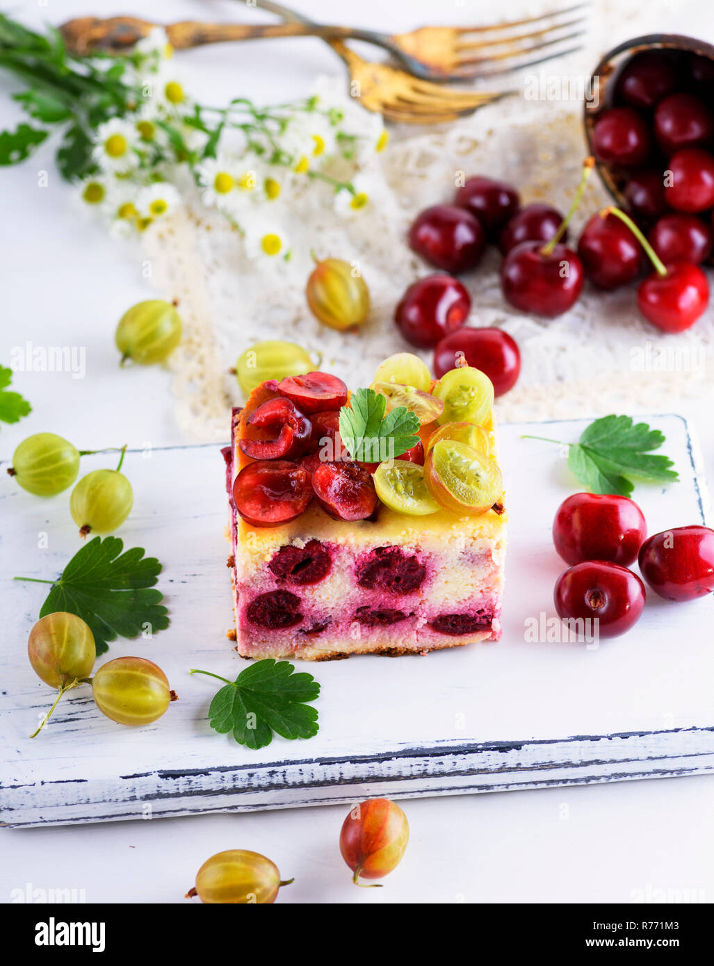 piece of pie from berries of cherry and cottage cheese Stock Photo