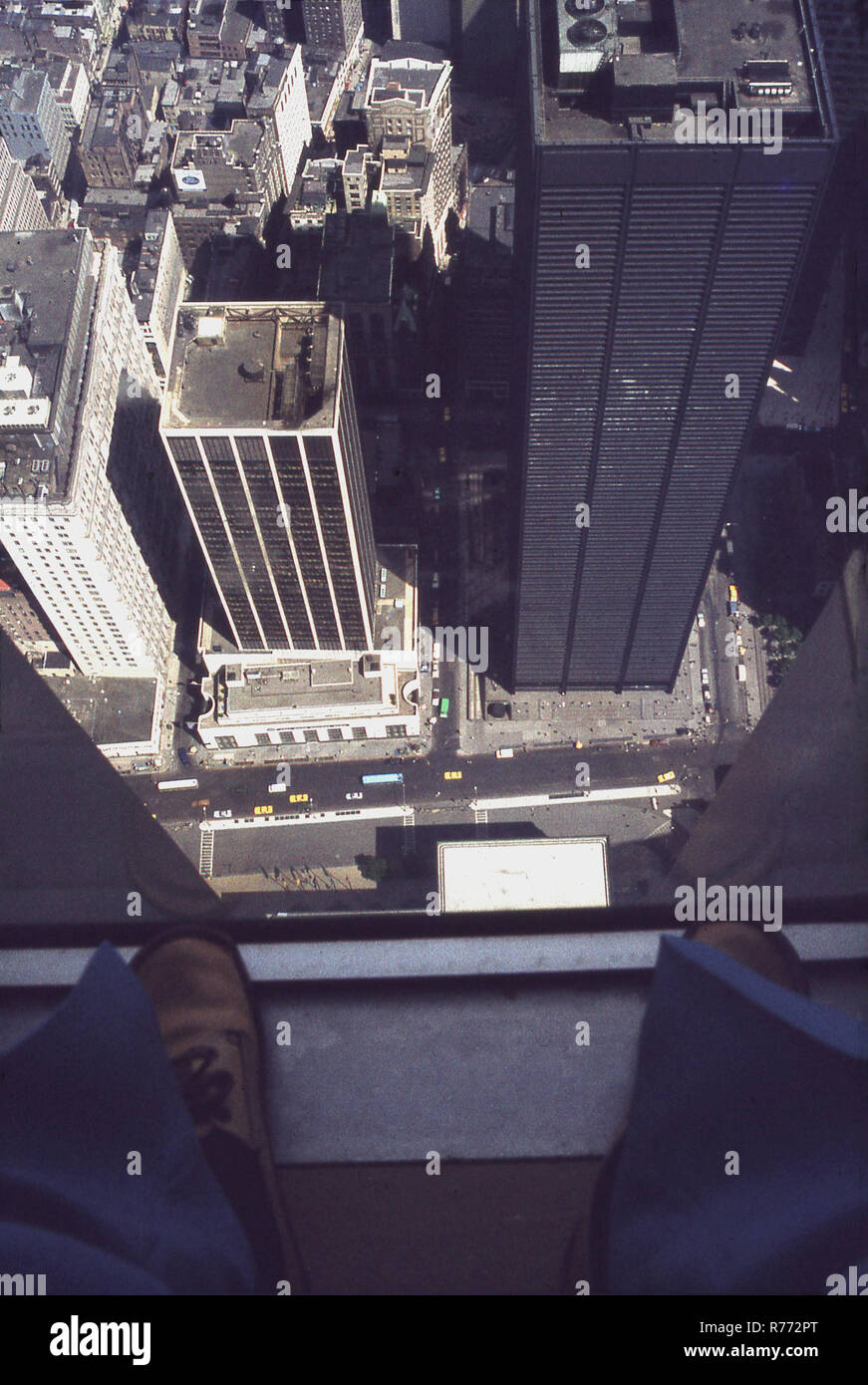 1970s, a view from above, standing from a window of a skyscraper, looking down to the street below, Manhattan, New York, NYC, USA. Stock Photo