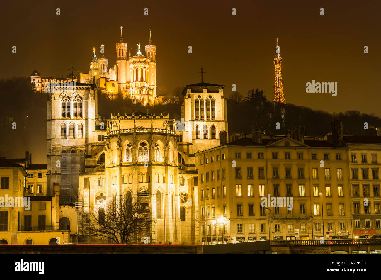 Basilica of Notre-Dame de Fourvière at night, Lyon, Rhône-Alpes, France Stock Photo