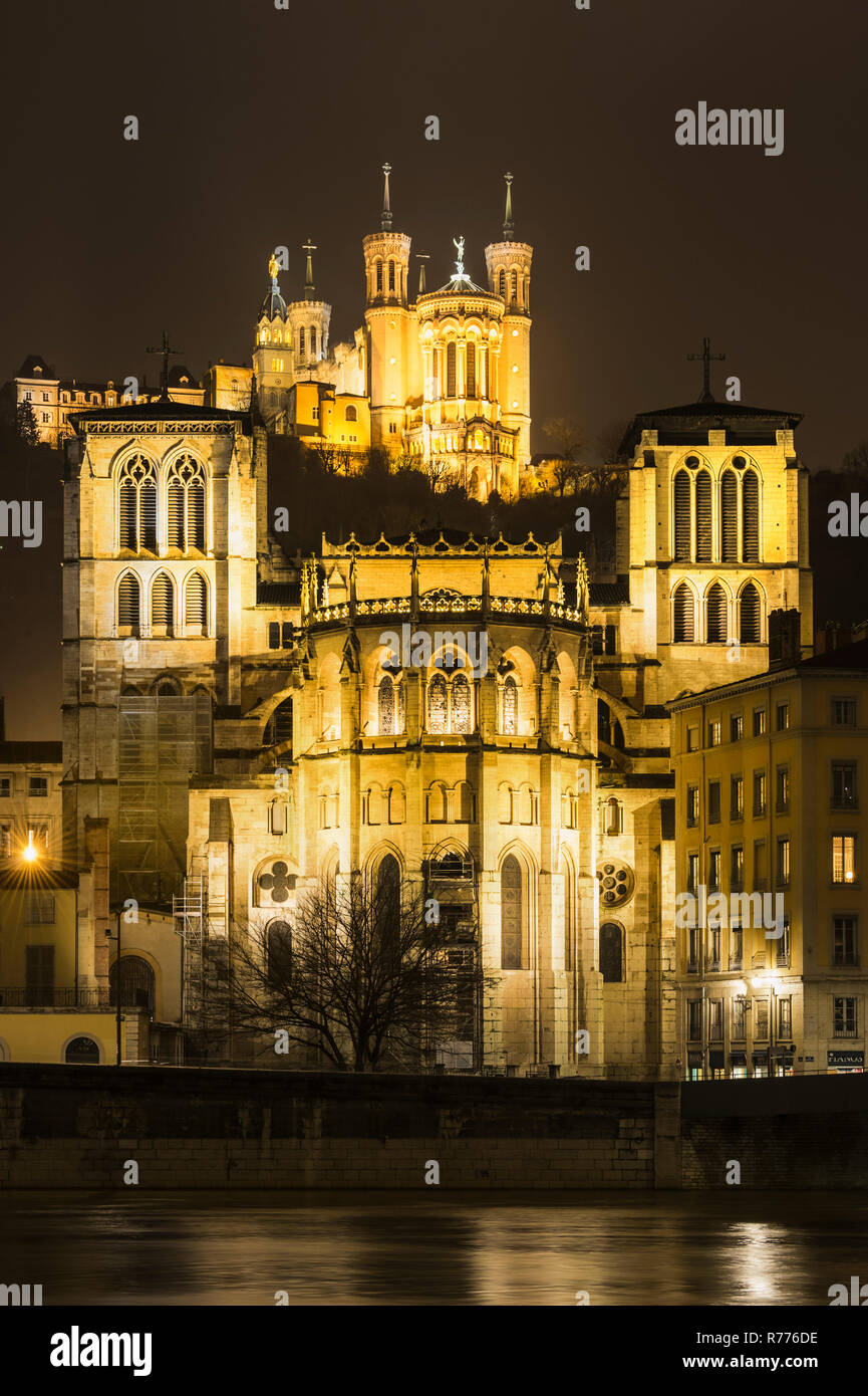 Basilica of Notre-Dame de Fourvière at night, Lyon, Rhône-Alpes, France Stock Photo