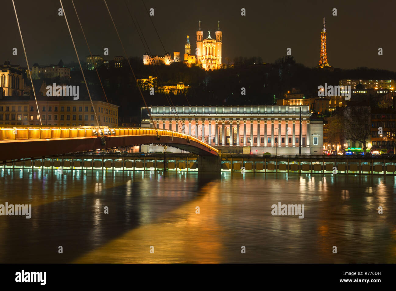 Lyon Courthouse, Passerelle du Palais de Justice, Courthouse Footbridge, Basilica of Notre-Dame de Fourvière and the Metallic Stock Photo