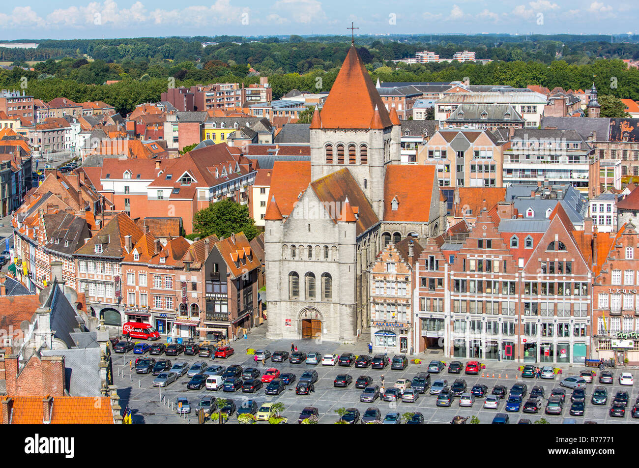Grand Place, view from the belfry onto the historic centre, Church of St. Quentin, Tournai, Hainaut, Belgium Stock Photo