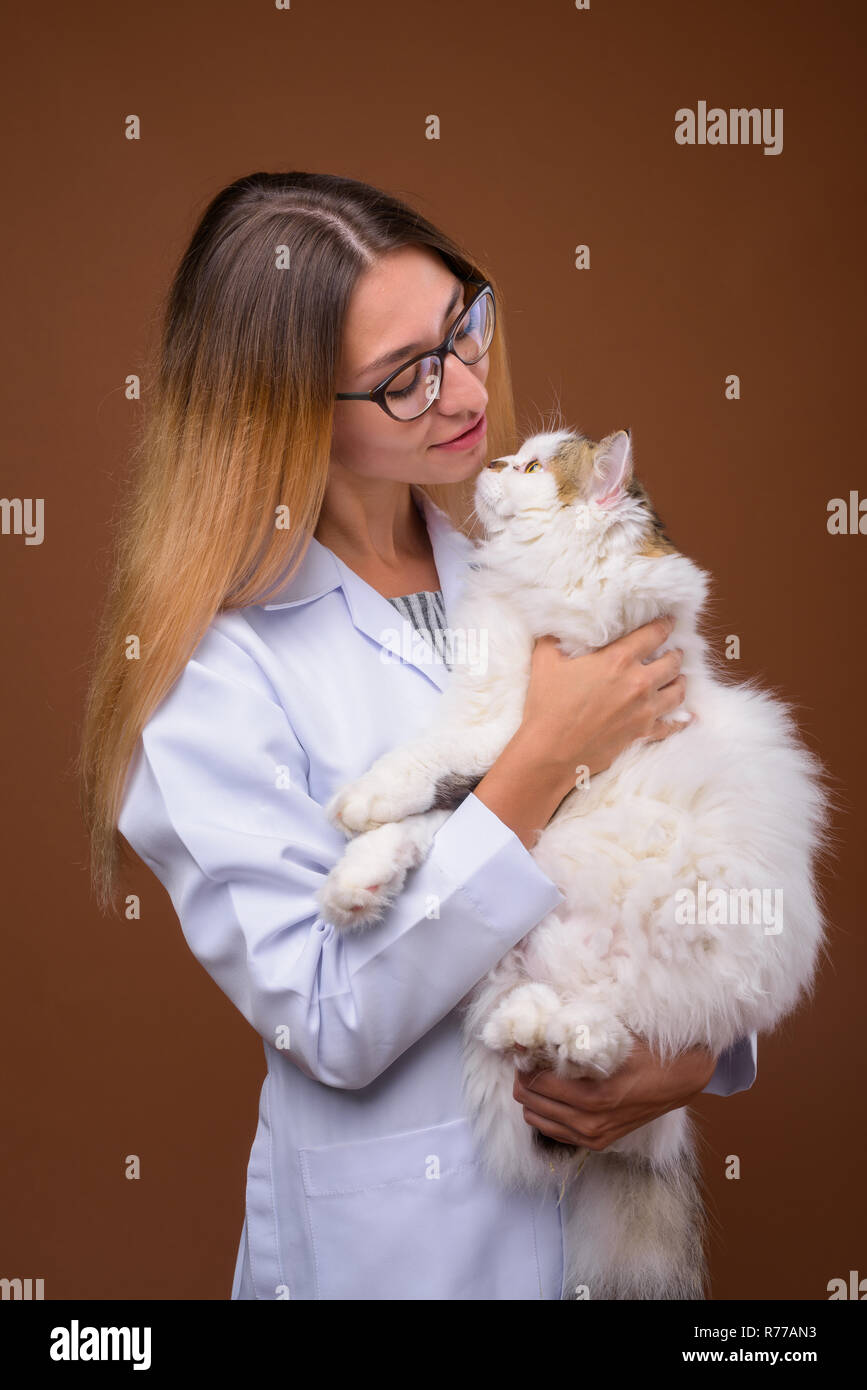Portrait of veterinarian doctor woman holding Persian cat Stock Photo