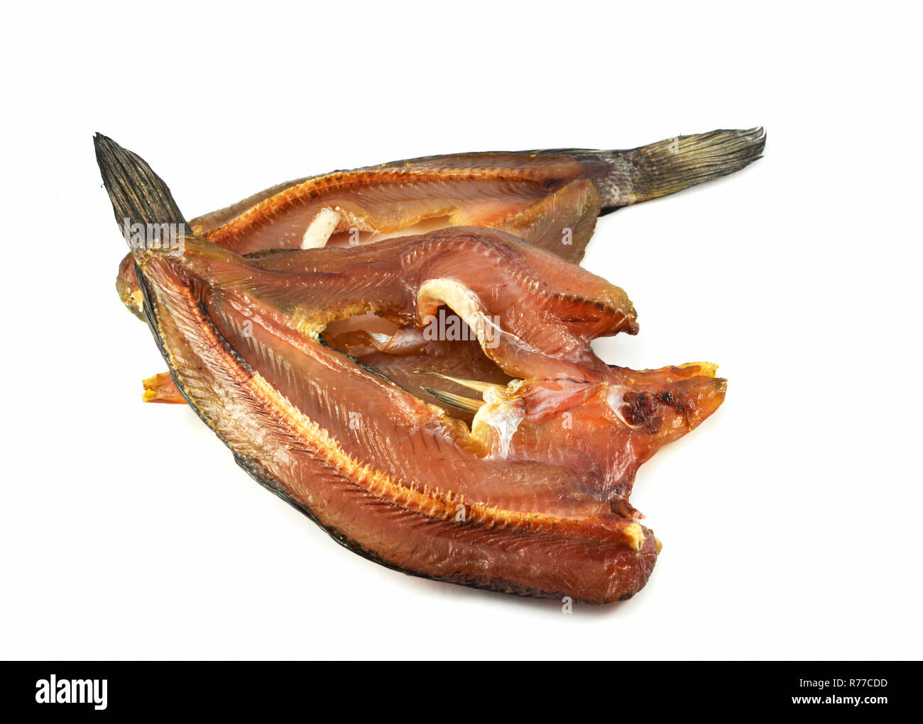 dry striped snakehead fish sun dried / striped snakehead fish dissect dried isolated on white background Stock Photo