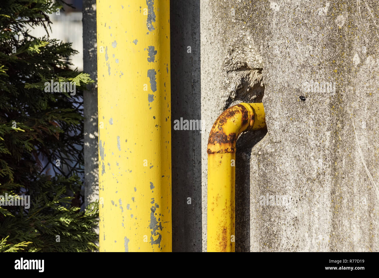 external natural gas pipes on gray wall Stock Photo Alamy