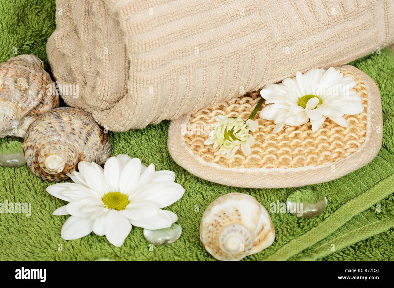 Towels and sponge for shower Stock Photo Alamy