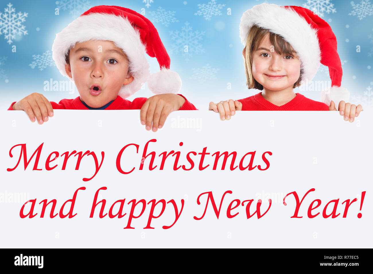 Merry Christmas children kids card Santa Claus greetings Stock Photo