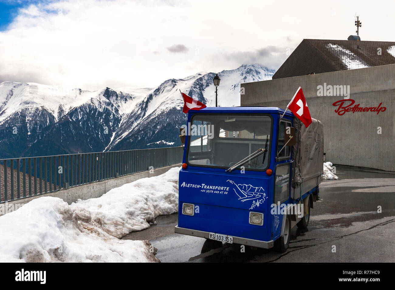 Service truck in car free Bettmeralp village in Swiss Alps Stock Photo