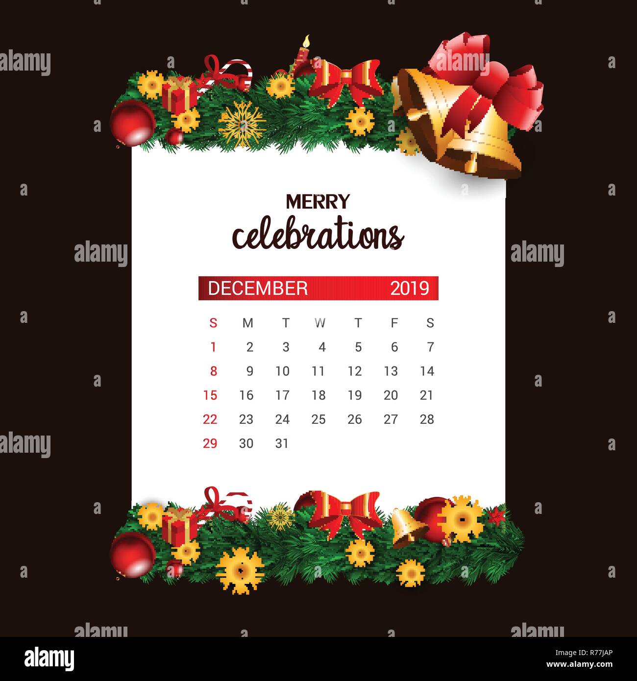  2019  December calendar  design template of Christmas  or New 