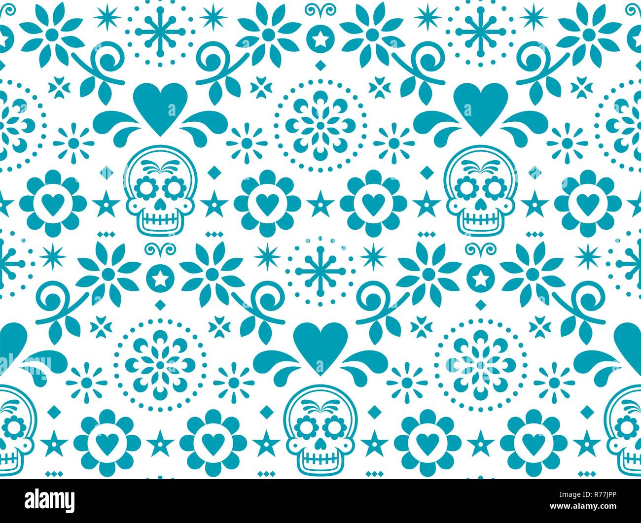 Sugar skull vector seamless pattern inspired by Mexican folk art, Dia de Los Muertos repetitive design in turquoise on white background Stock Vector