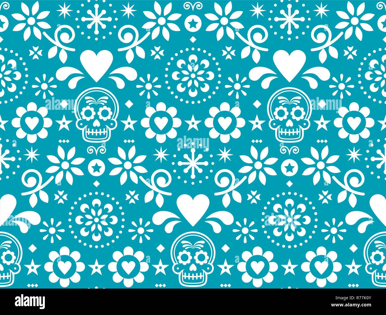 Sugar skull vector seamless pattern inspired by Mexican folk art, Dia de Los Muertos repetitive design in white on turquoise background Stock Vector