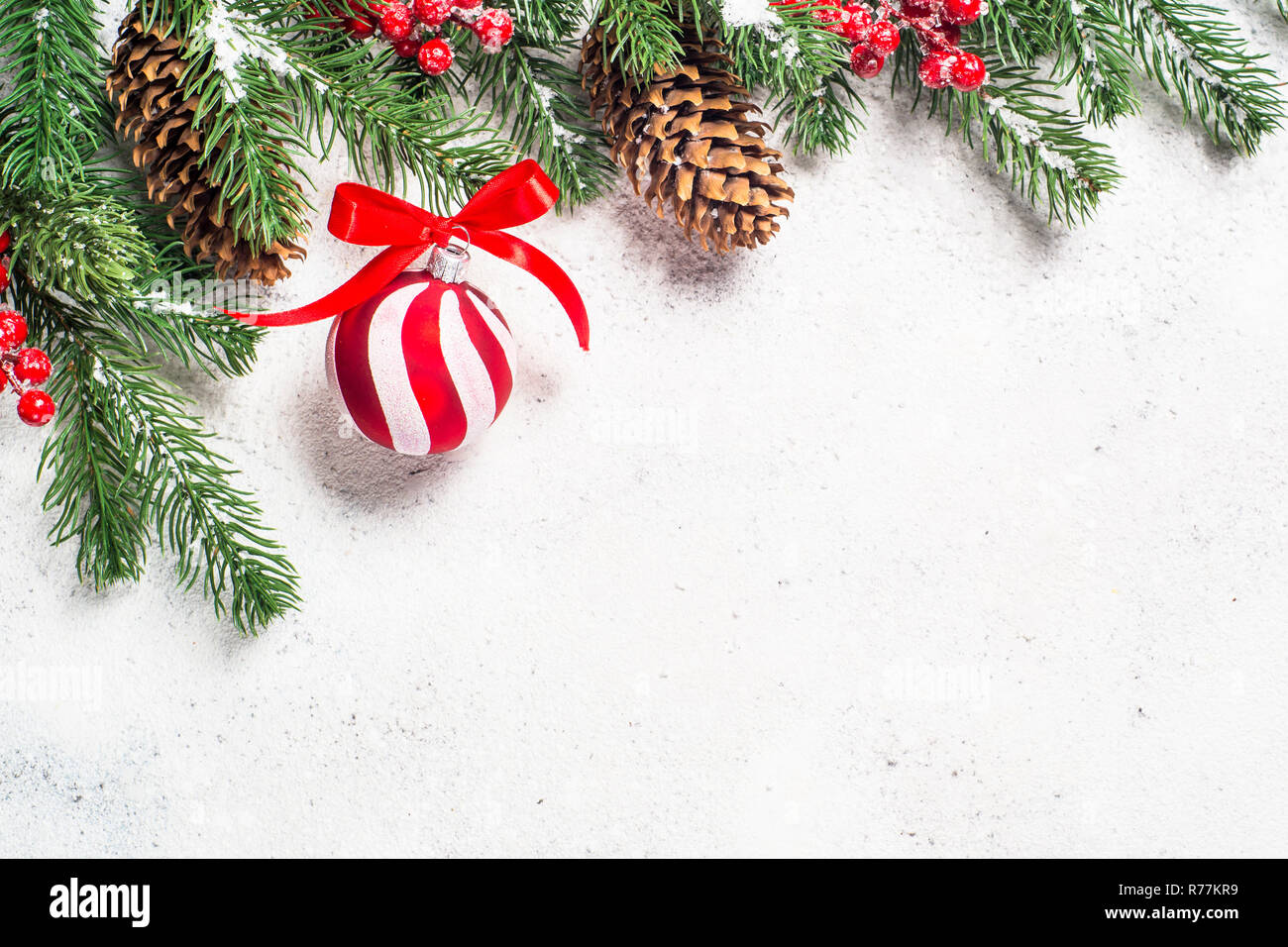 Christmas background with fir tree, red balls and decorations on Stock ...