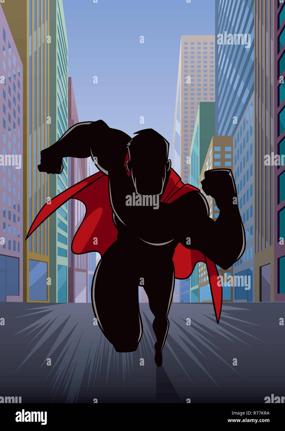 Superhero Running in City Silhouette Stock Vector