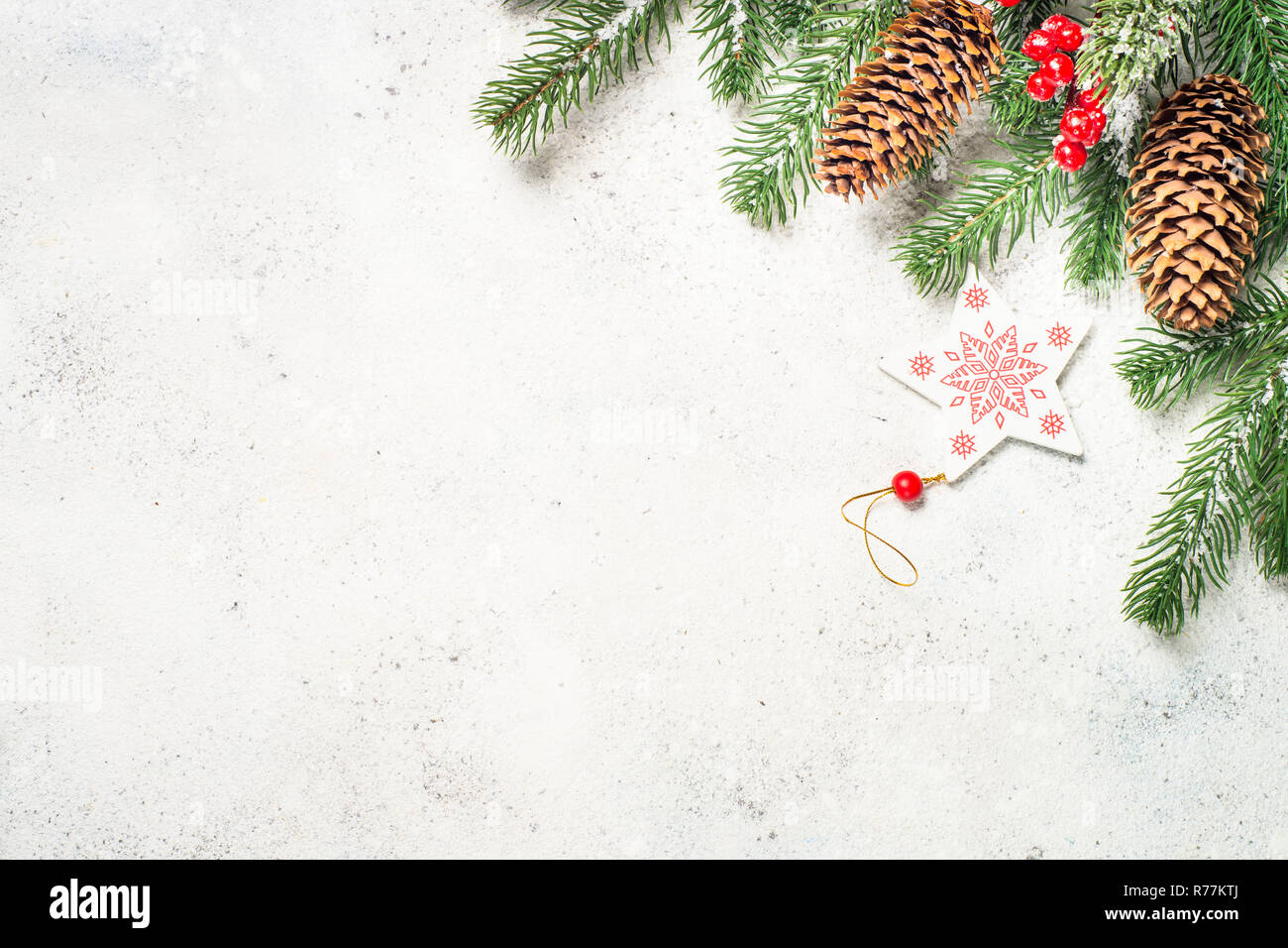 Christmas background with fir tree and decorations on white bac Stock ...