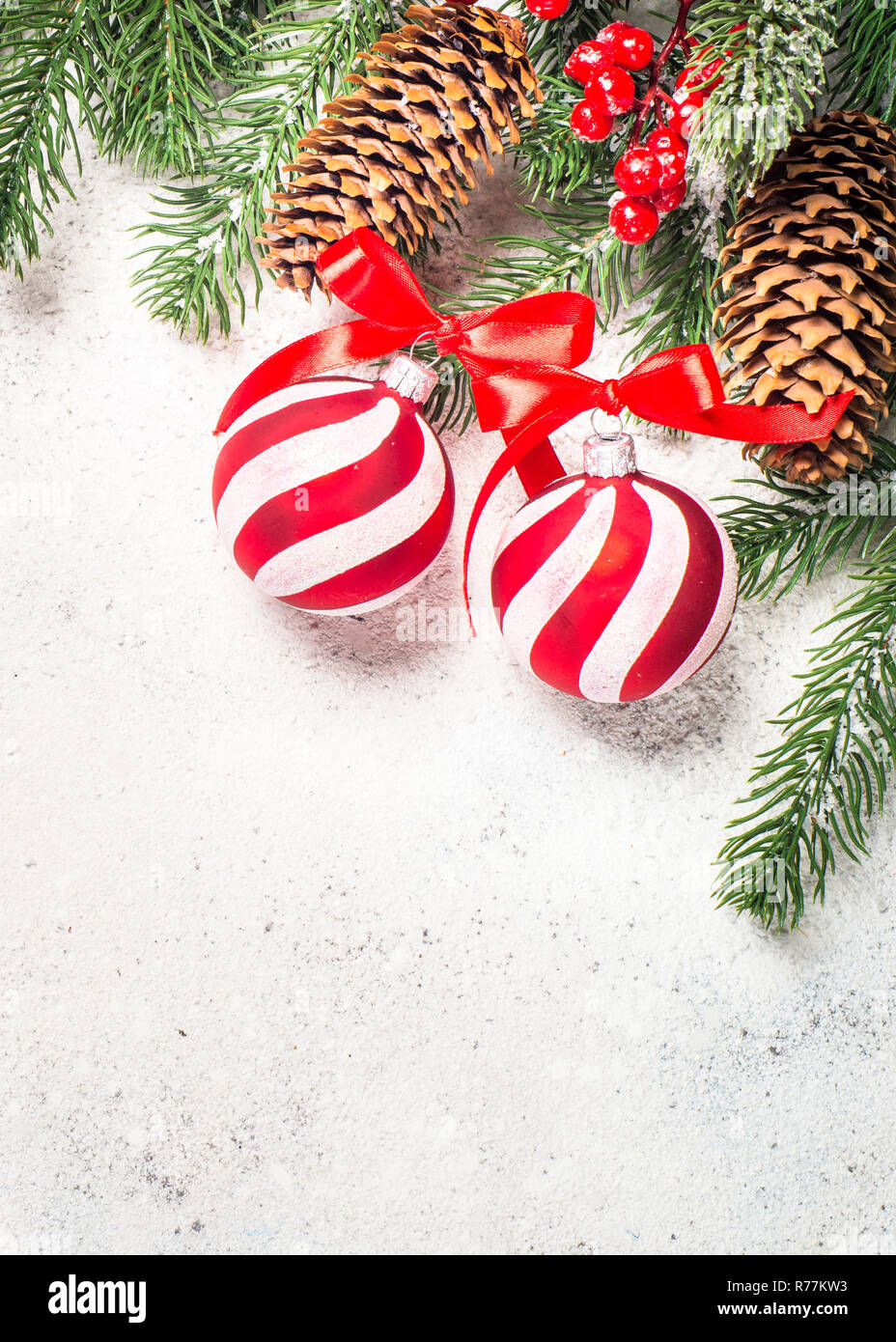 Christmas background with fir tree, red balls and decorations on Stock ...