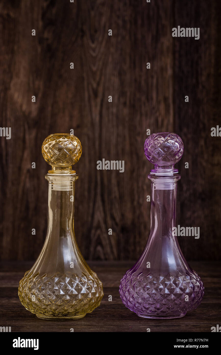 Decorative Colorful Olive Oil and Vinegar Bottles Stock Photo