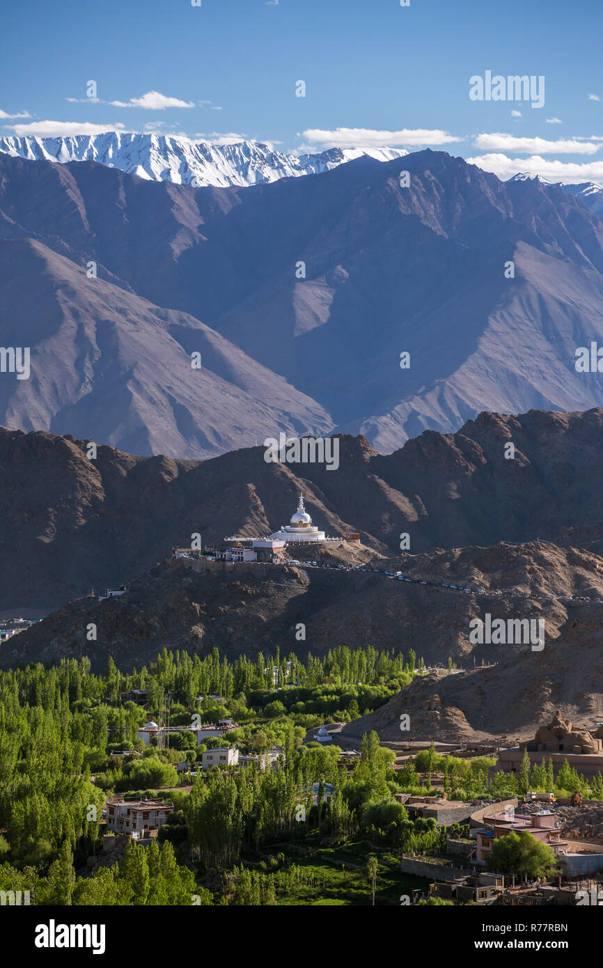 Shanti Stupa also known as Peace Pagoda on hilltop of Chanspa, Leh city, Ladakh, India. Stock Photo