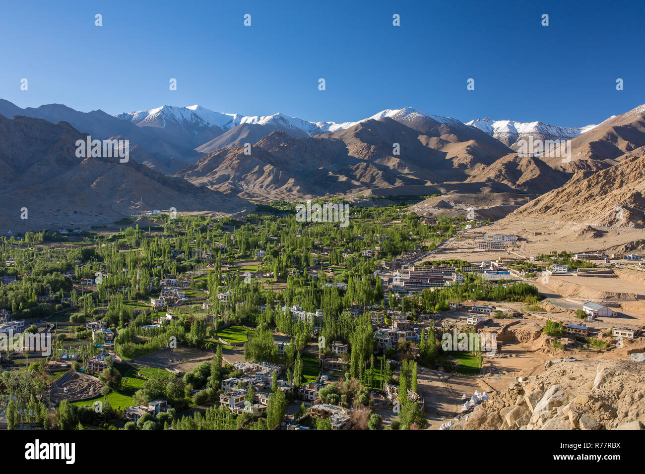 Beautiful view of Leh city and green Indus valley in Ladakh, Jammu and Kashmir, India. Stock Photo