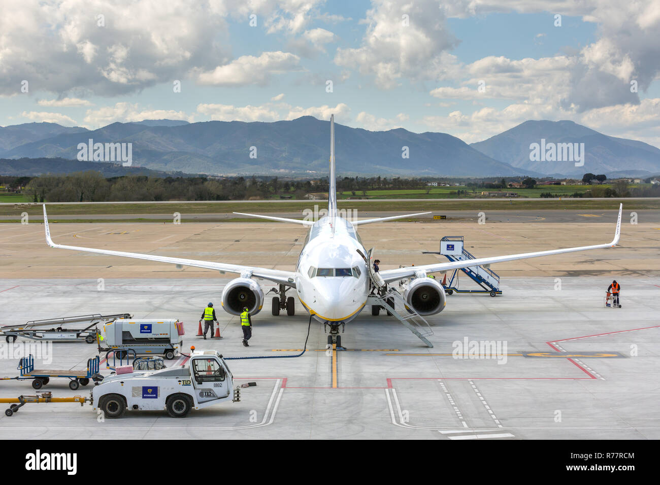 Girona, Spain - March 29, 2018: Ryanair airline airplane Boeing 737 in Girona airport in sunny day Stock Photo