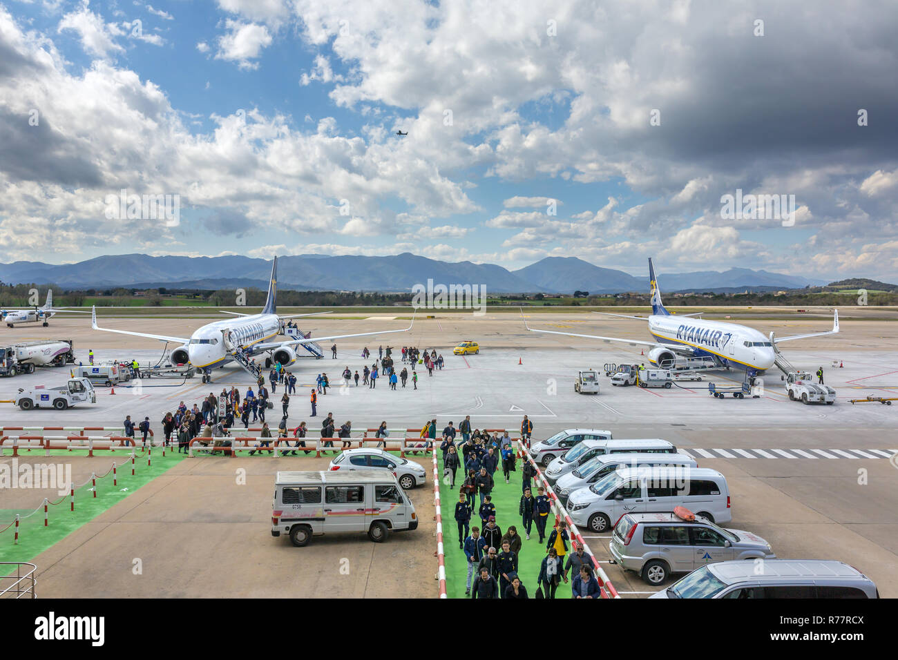 Girona, Spain - March 29, 2018: Ryanair airline airplane Boeing 737 in Girona airport in sunny day Stock Photo