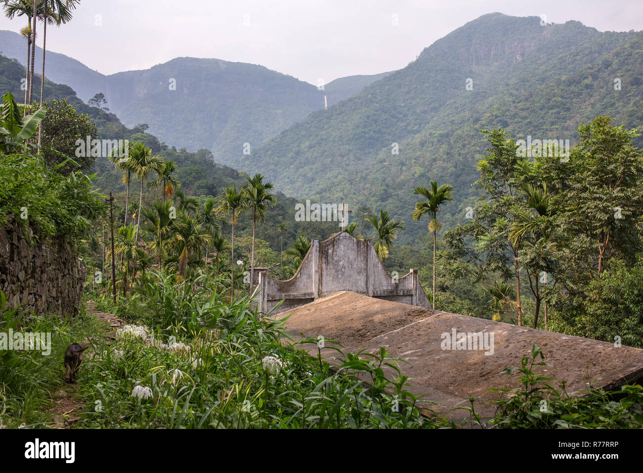 Tropical landscape with a church in Nongriat village in  state of Meghalaya, India Stock Photo