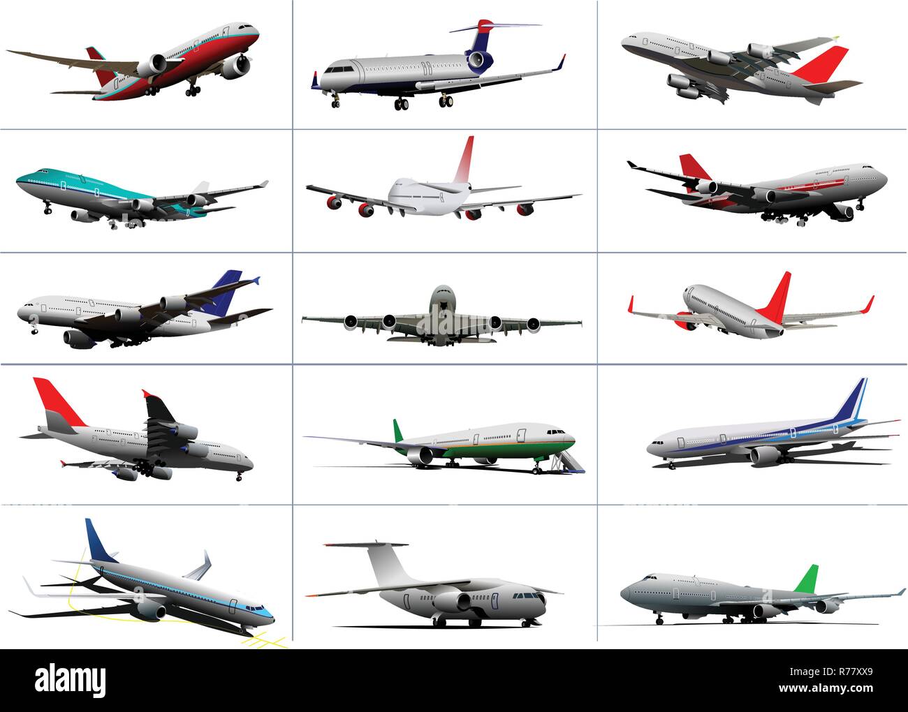 Big set of passenger planes. Taking off. Landing. On the air field. Vector illustration Stock Vector