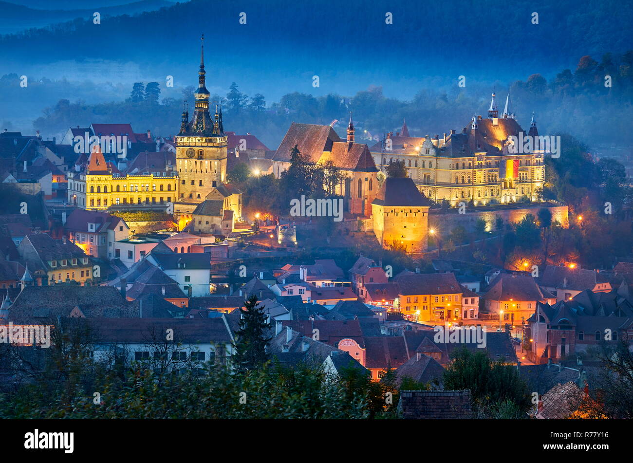 Sighisoara at evening time, Transylvania, Romania, UNESCO Stock Photo