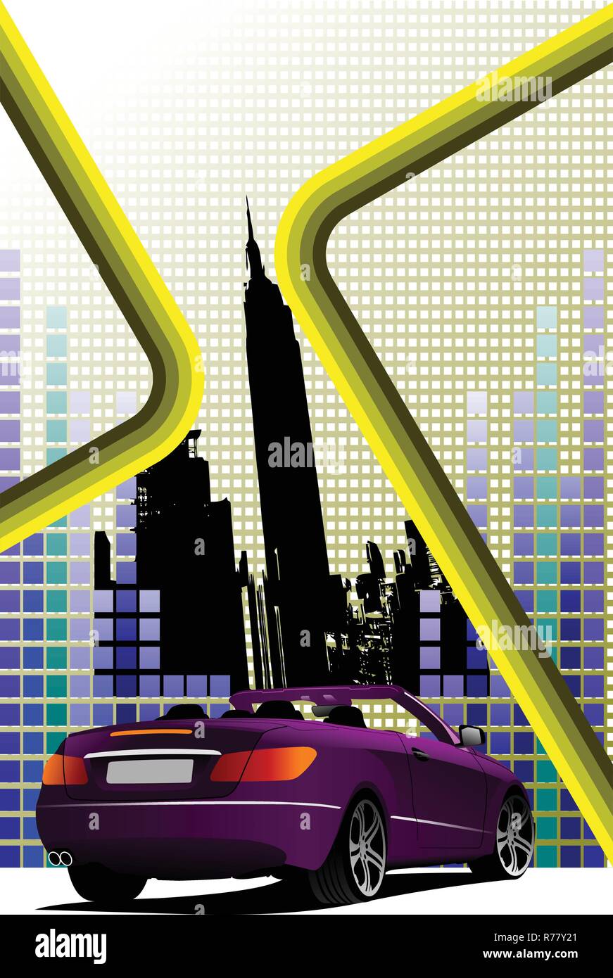 Abstract hi-tech background with New York and purple cabriolet images. Colored vector illustration for designers Stock Vector