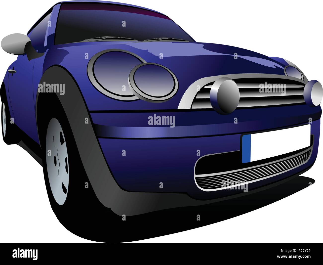 Blue small car on the road. Vector illustration Stock Vector