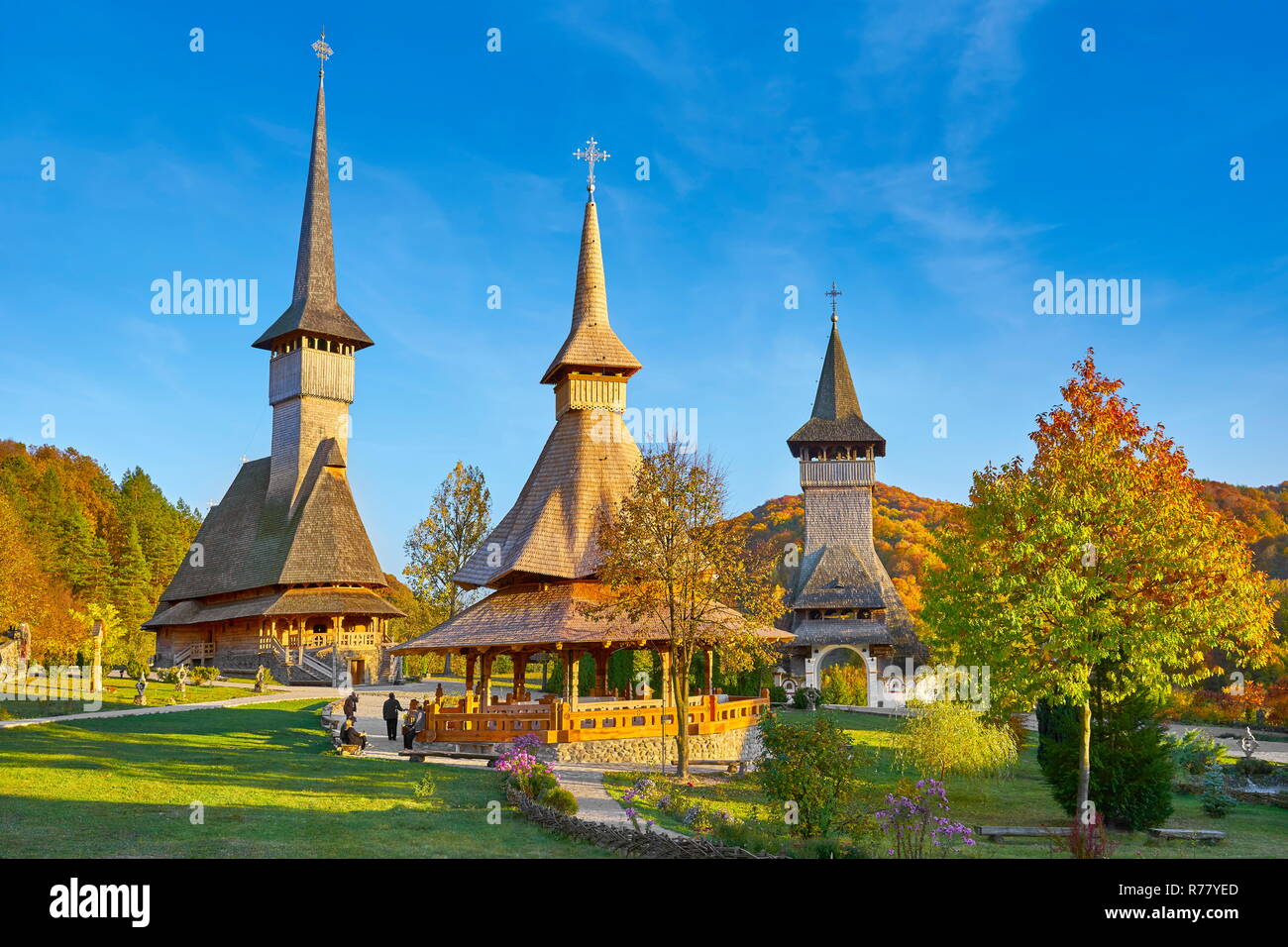 Wooden church, Barsana Monastery, Maramures, Romania, UNESCO Stock Photo