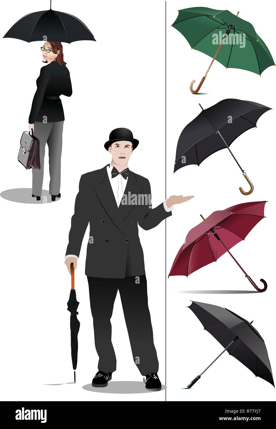 Four types of opened rain umbrella. Woman and gentleman with umbrella. Vector illustration Stock Vector