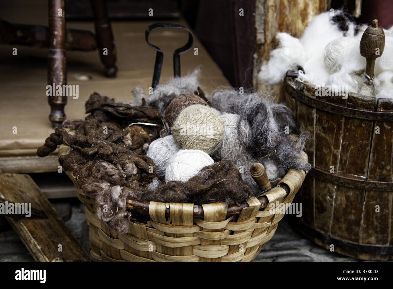 Tools for making wool, traditional objects for virgin wool Stock Photo