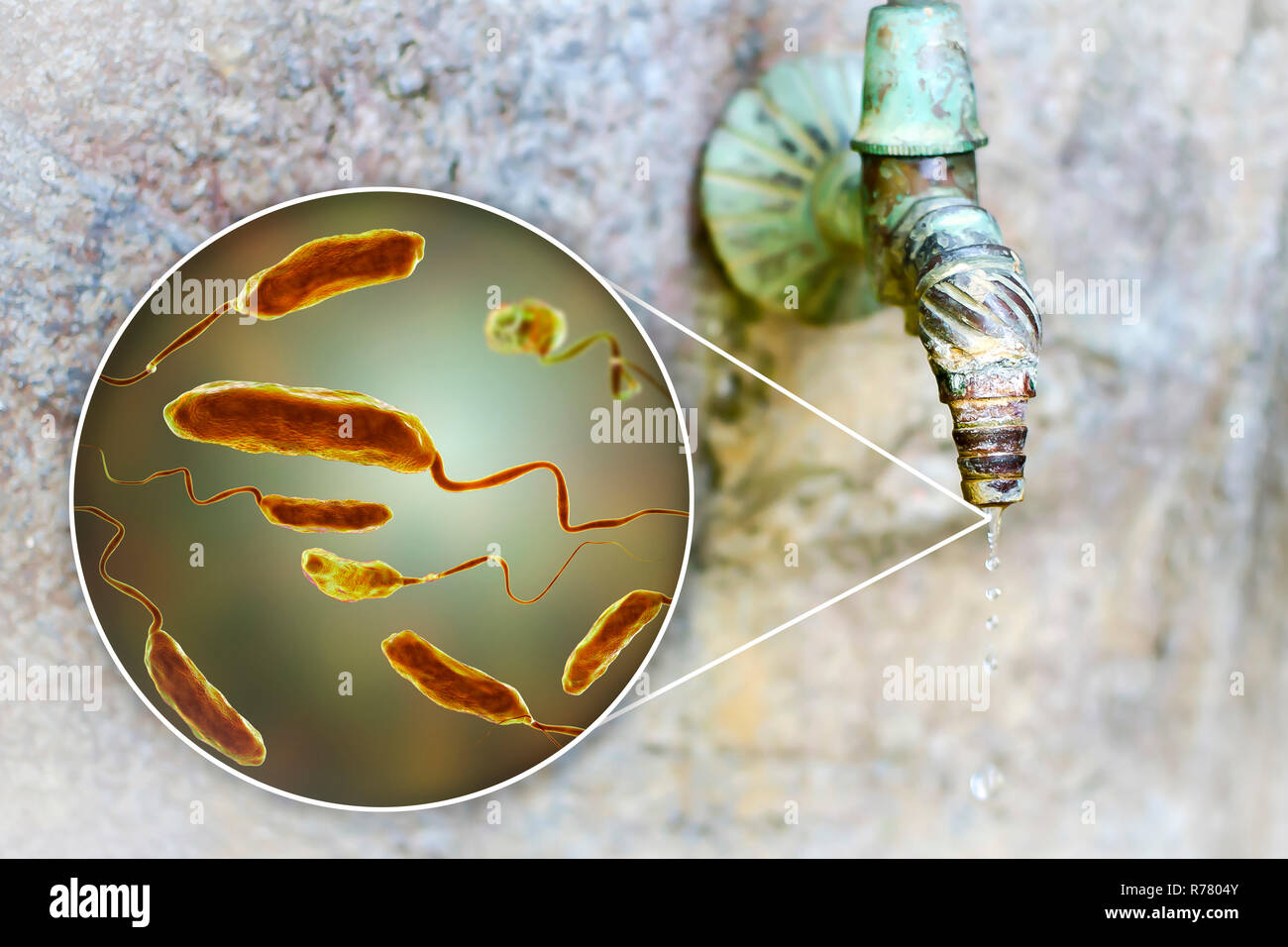 Safety of drinking water. Conceptual illustration and photo showing