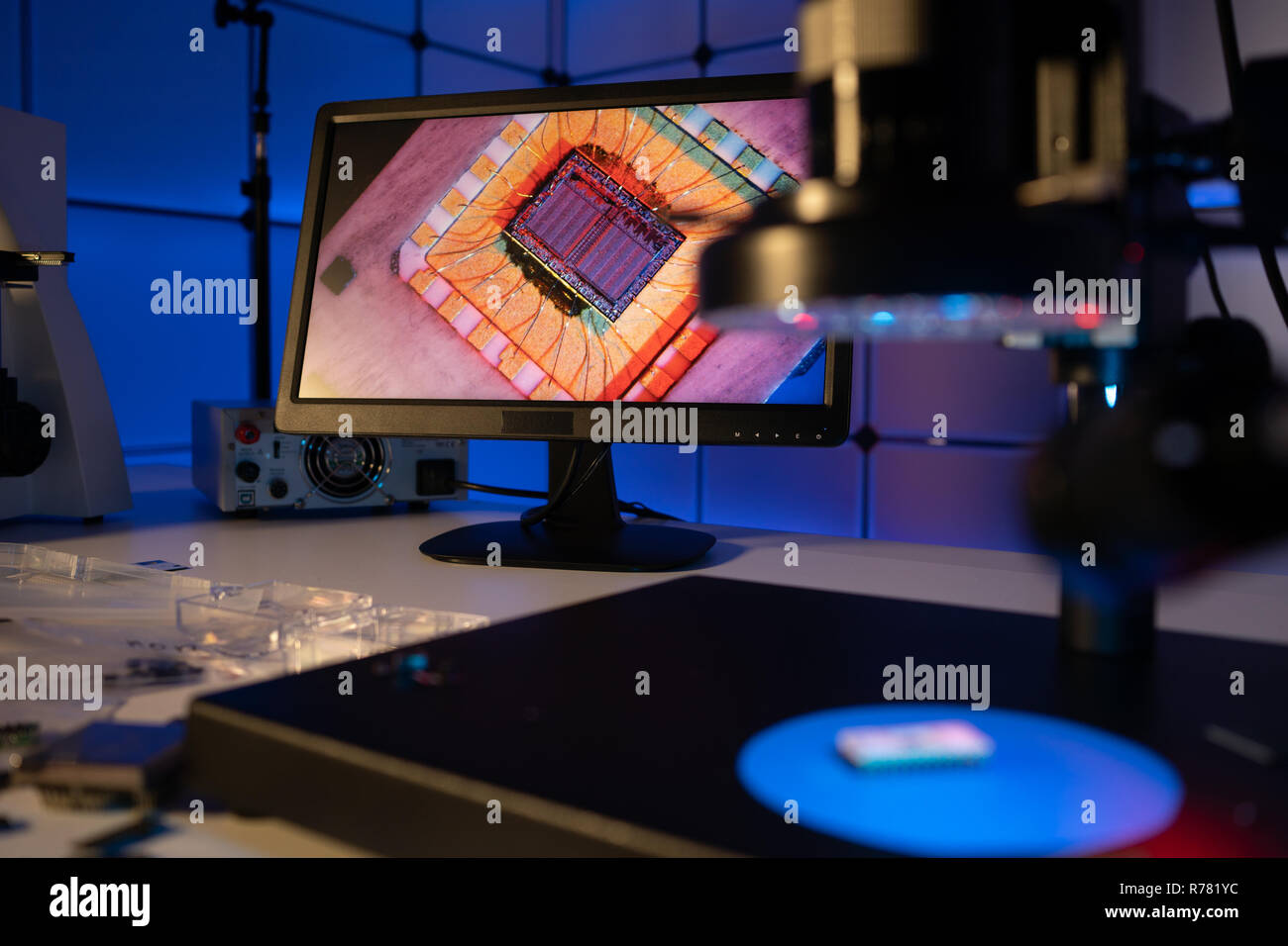 Laboratory of semiconductor chips. The development of modern electronics. crystal chip in the