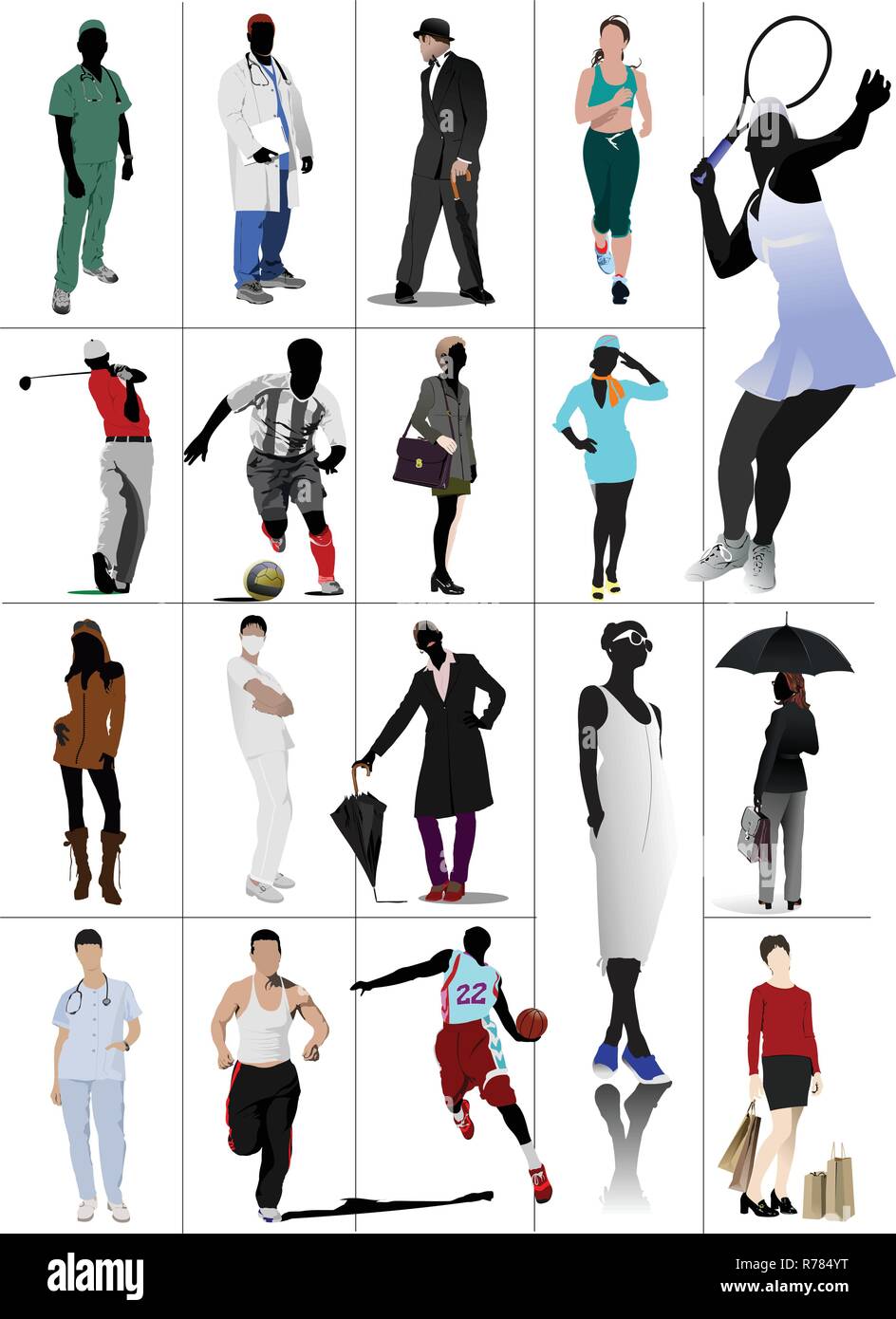 Colored people in action. Silhouettes. Vector illustration Stock Vector