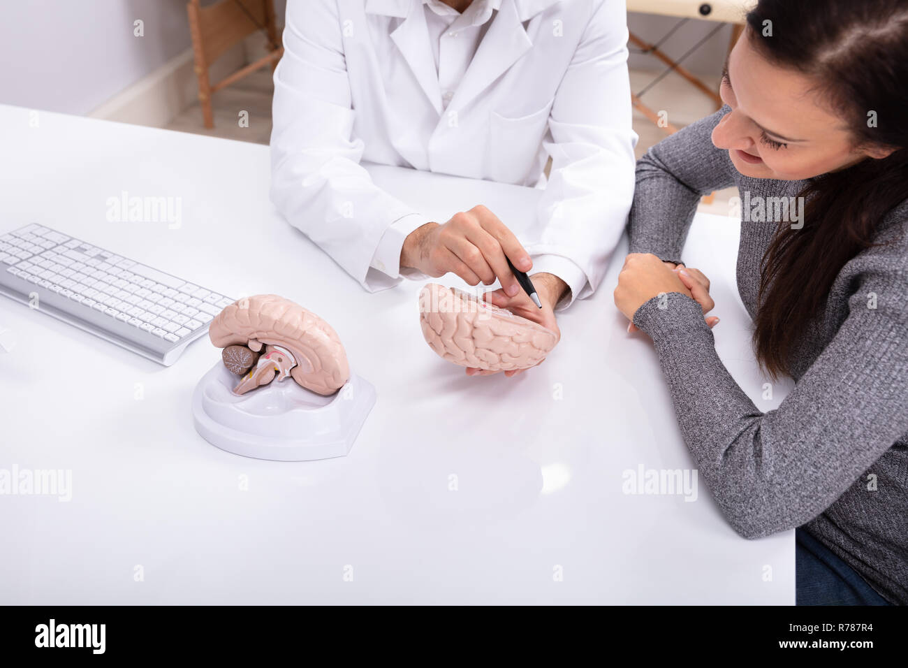Doctor Explaining Details Of Human Brain To Happy Woman With Model Stock Photo