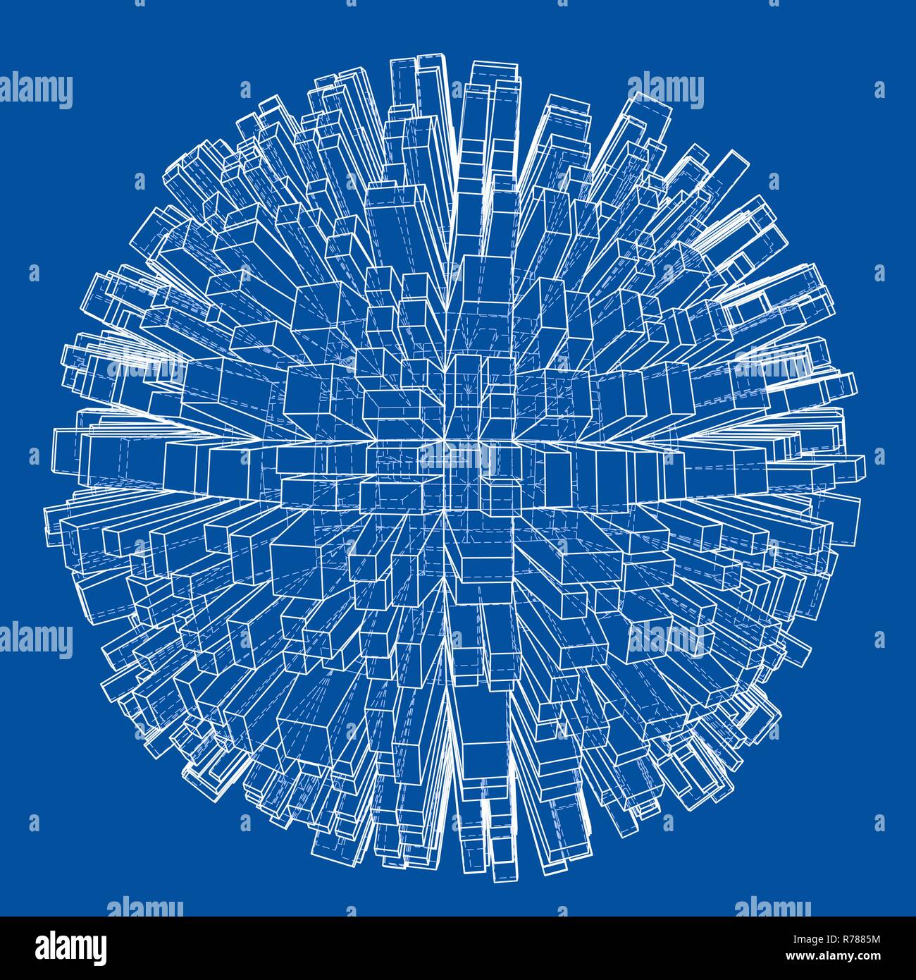 Abstract 3d Sphere with City, Blueprint Style Stock Vector