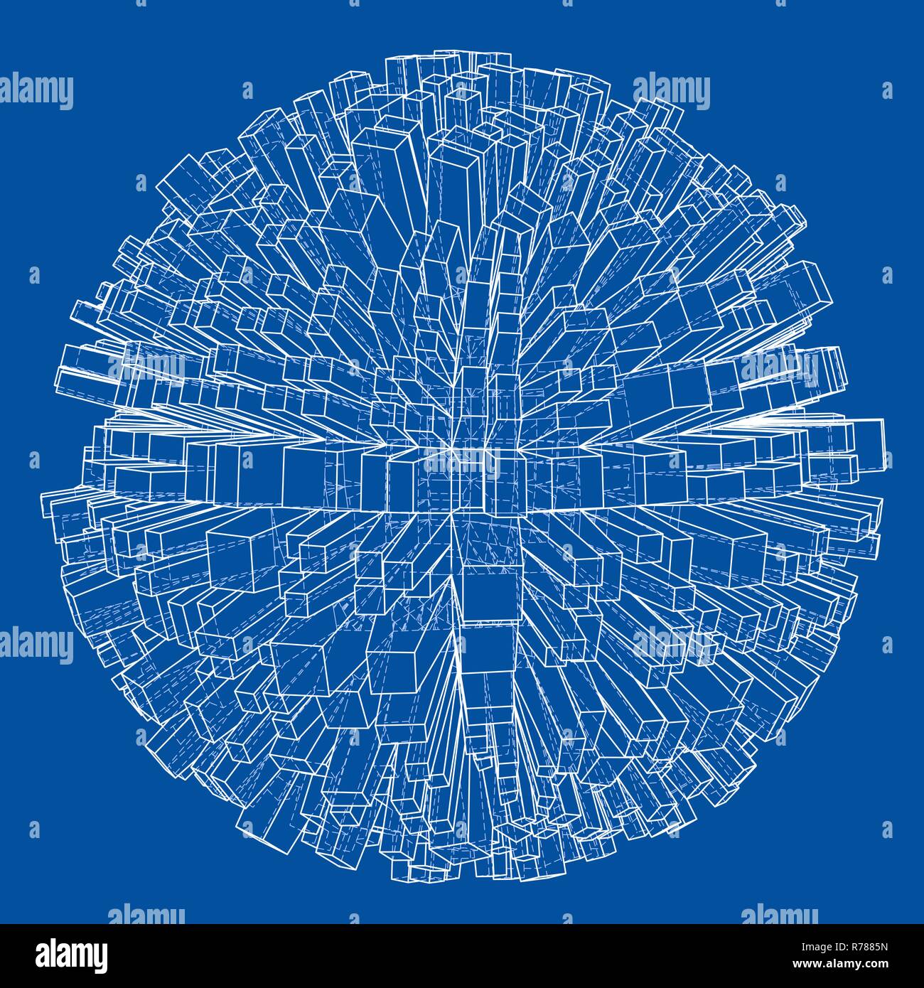 Abstract 3d Sphere with City, Blueprint Style Stock Vector