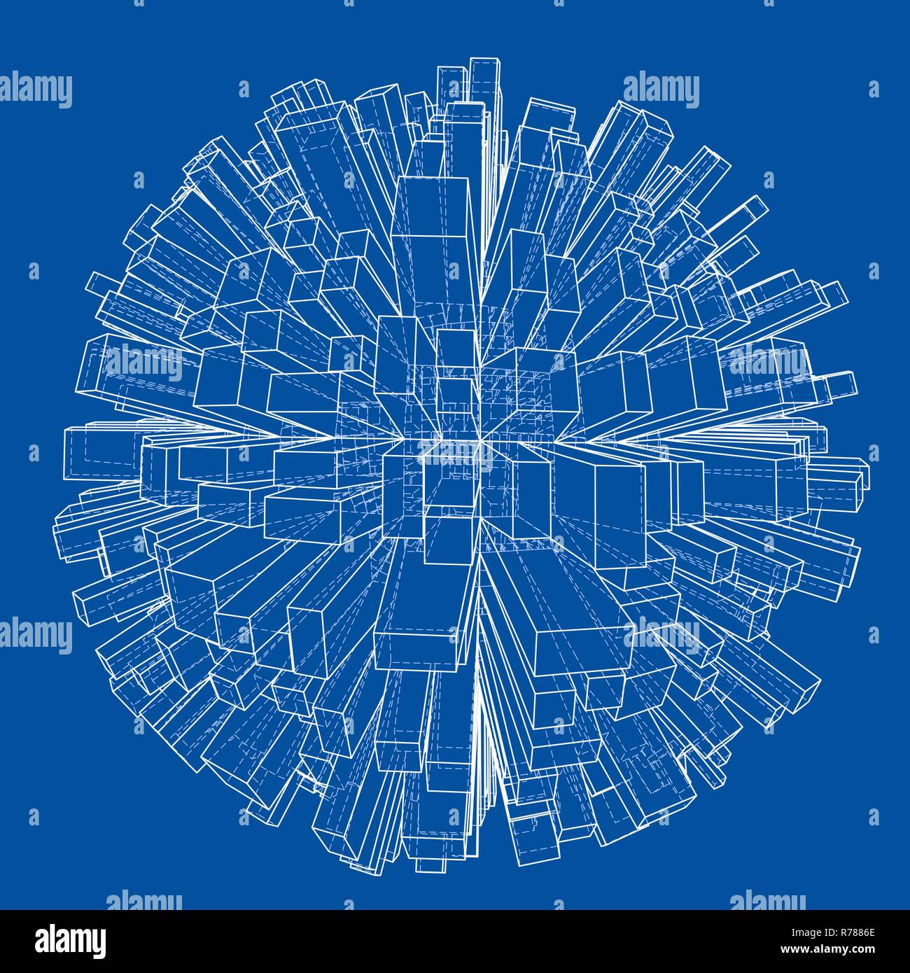 Abstract 3d Sphere with City, Blueprint Style Stock Vector