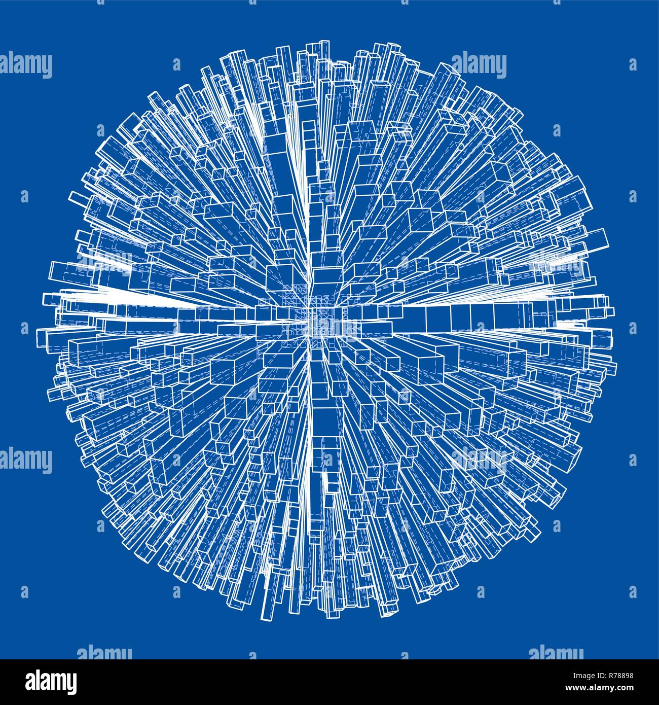 Abstract 3d Sphere with City, Blueprint Style Stock Vector