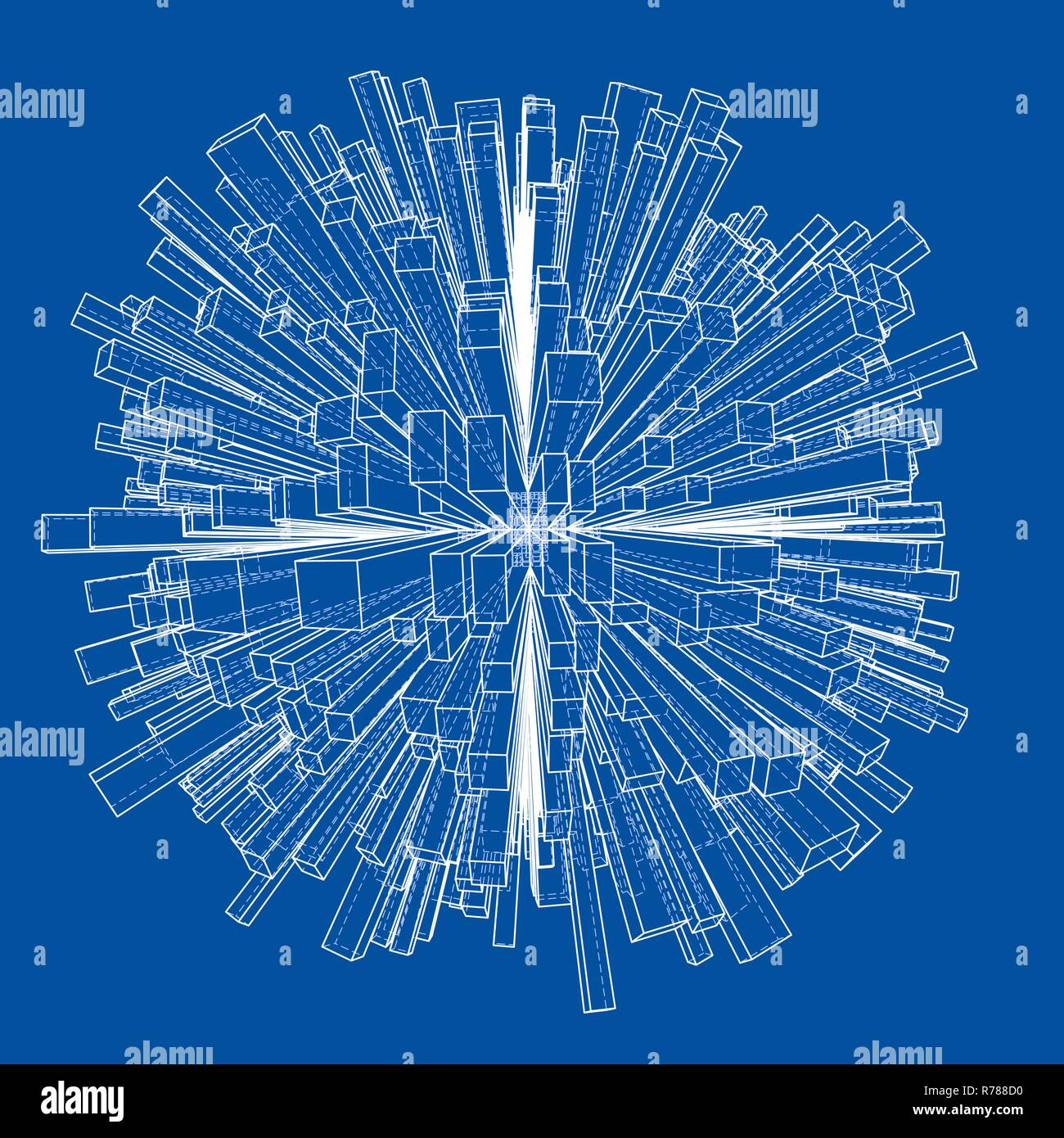 Abstract 3d Sphere with City, Blueprint Style Stock Vector