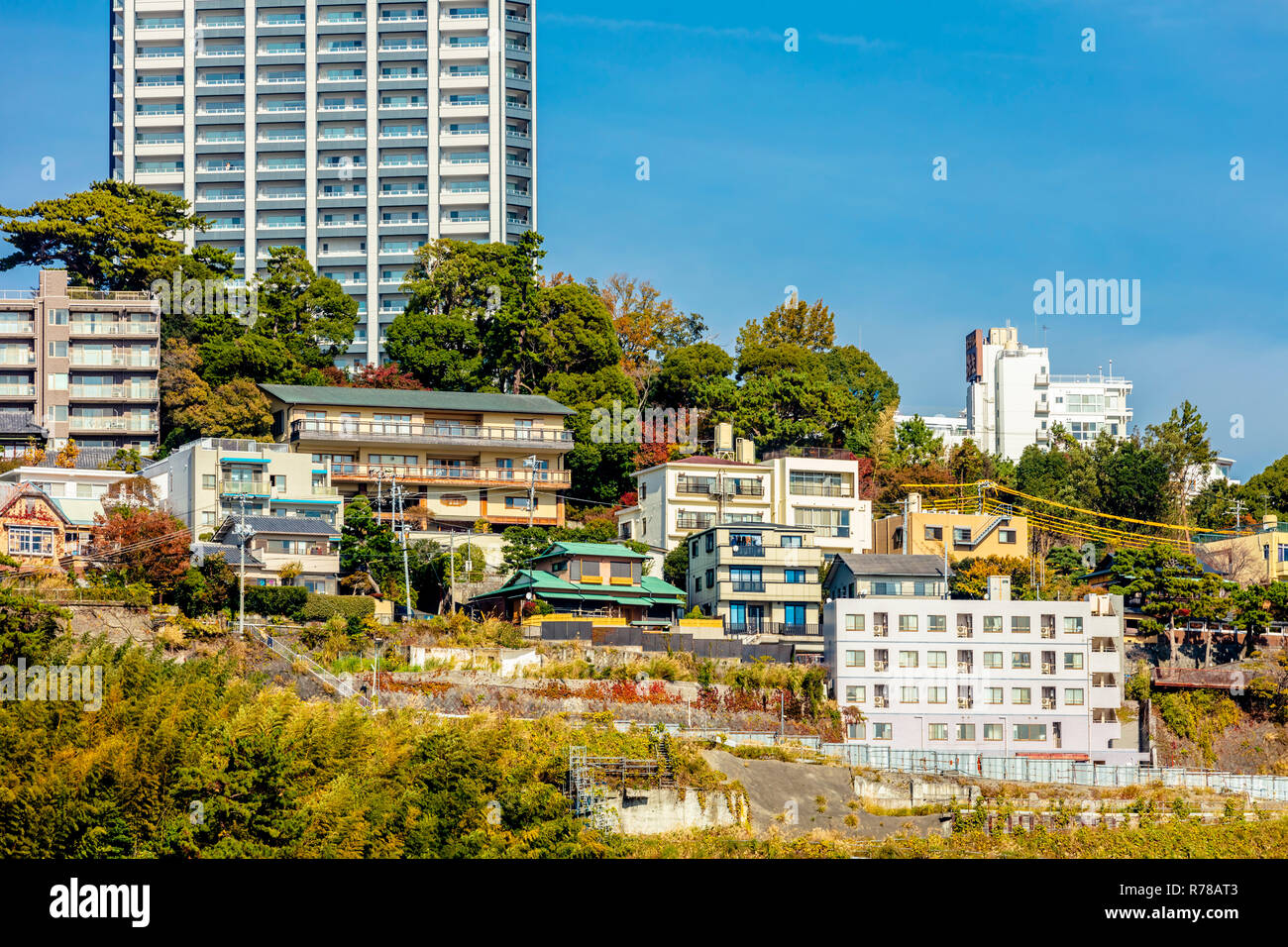 Atami, Shizuoka / Japan - December 1 2018: Aerial cityscape view of Atami beach and city centre, popular onsen leisure resort town in Autumn Stock Photo