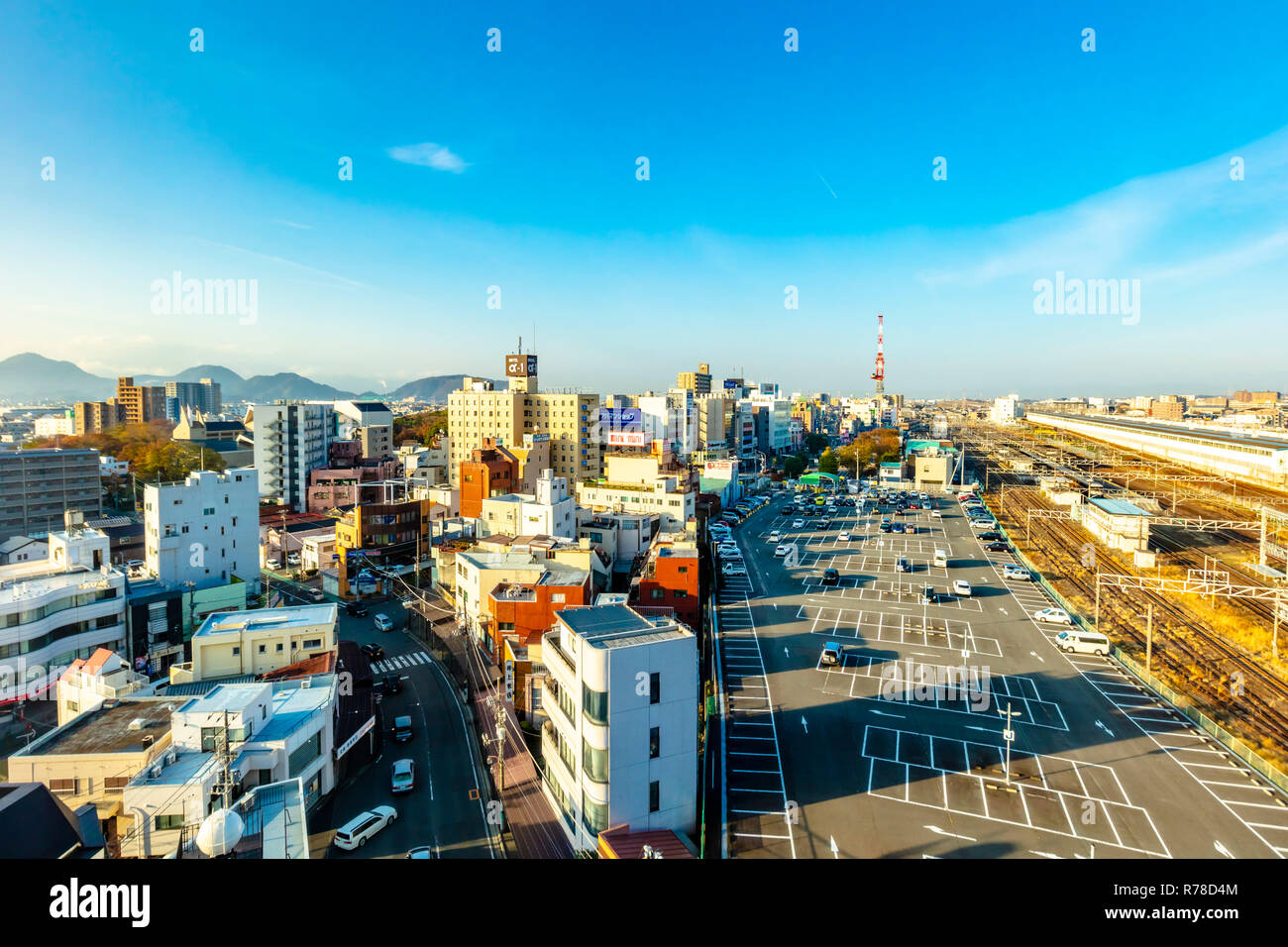 Mishima, Shizuoka / Japan - December 1 2018: Mishima city centre dense buildings featuring Mishima JR railway shinkansen Station Stock Photo