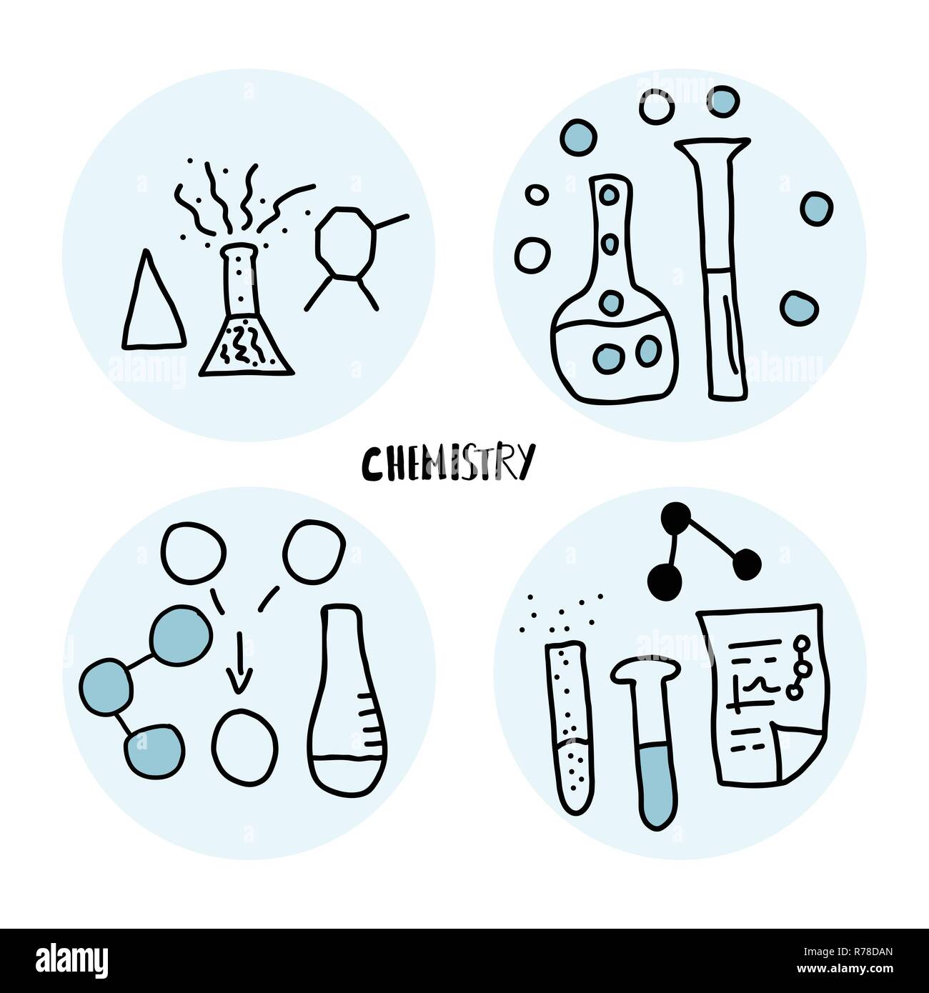 Round Science Object Logo Round set of cemistry objects in doodle style. Science research symbols ...