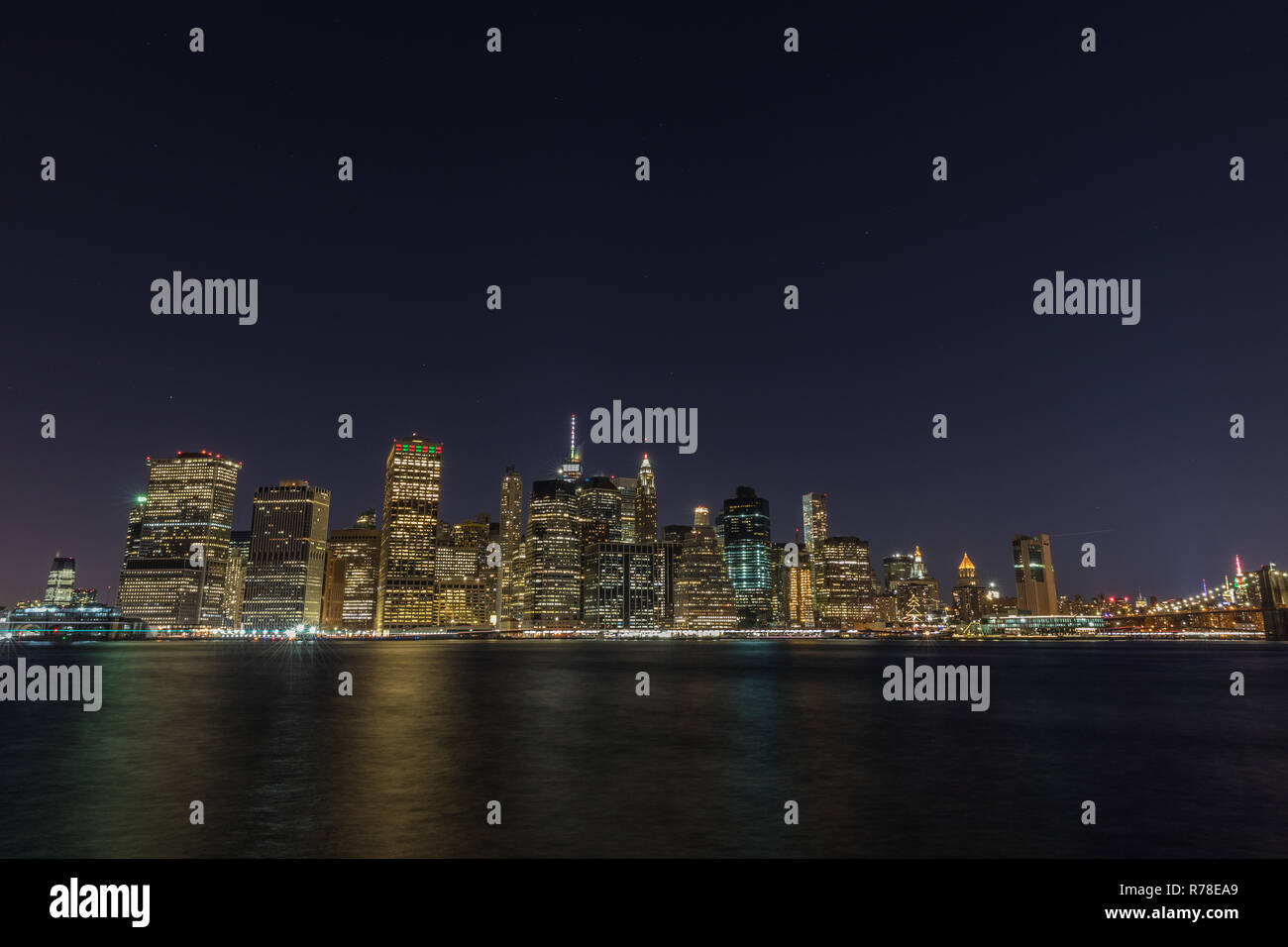 Manhattan skyline panorama with Times Square lights at dusk, New York ...