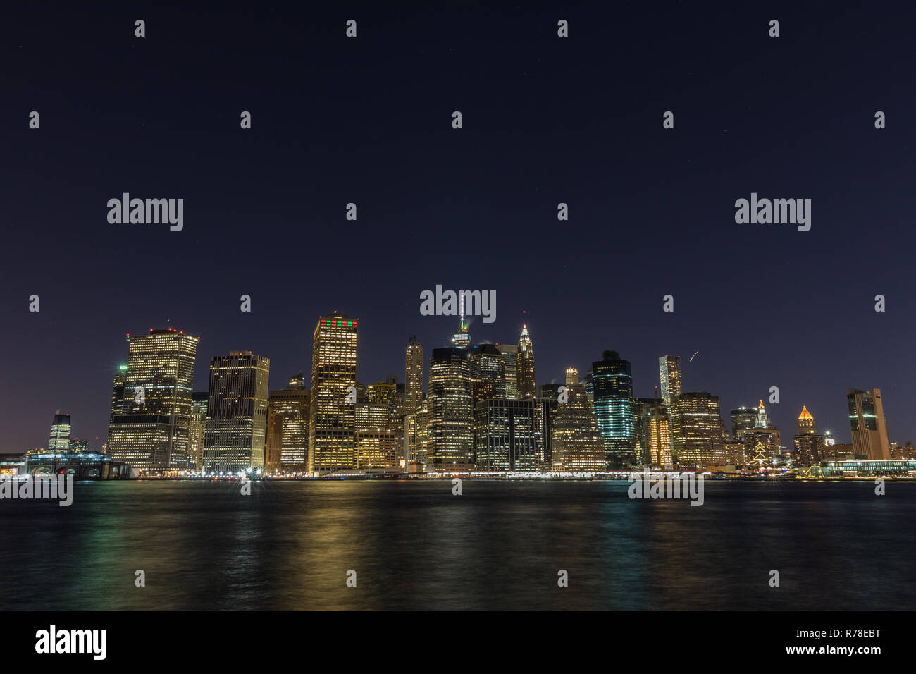 Manhattan skyline panorama with Times Square lights at dusk, New York ...