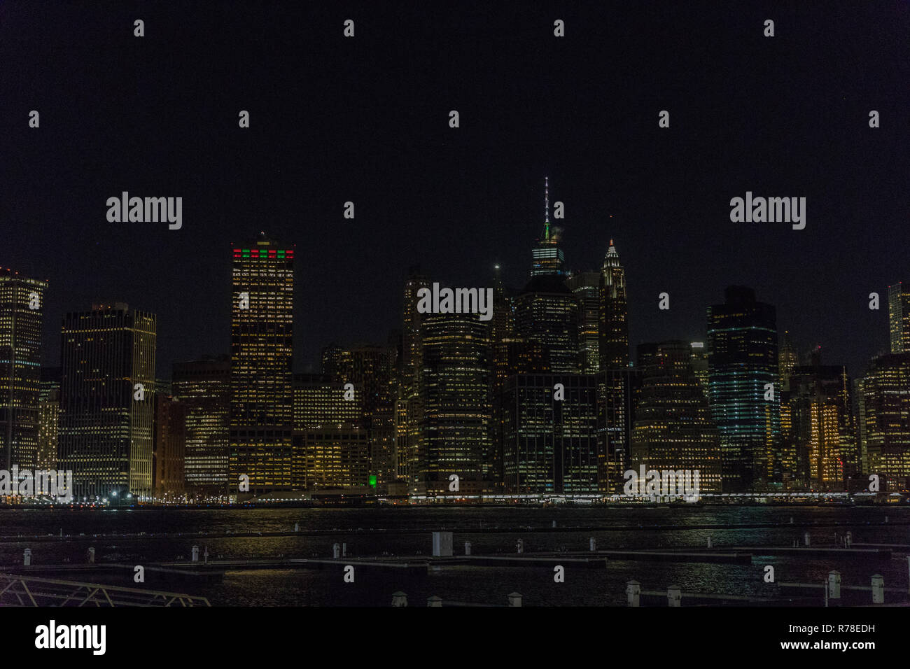 Manhattan skyline panorama with Times Square lights at dusk, New York ...