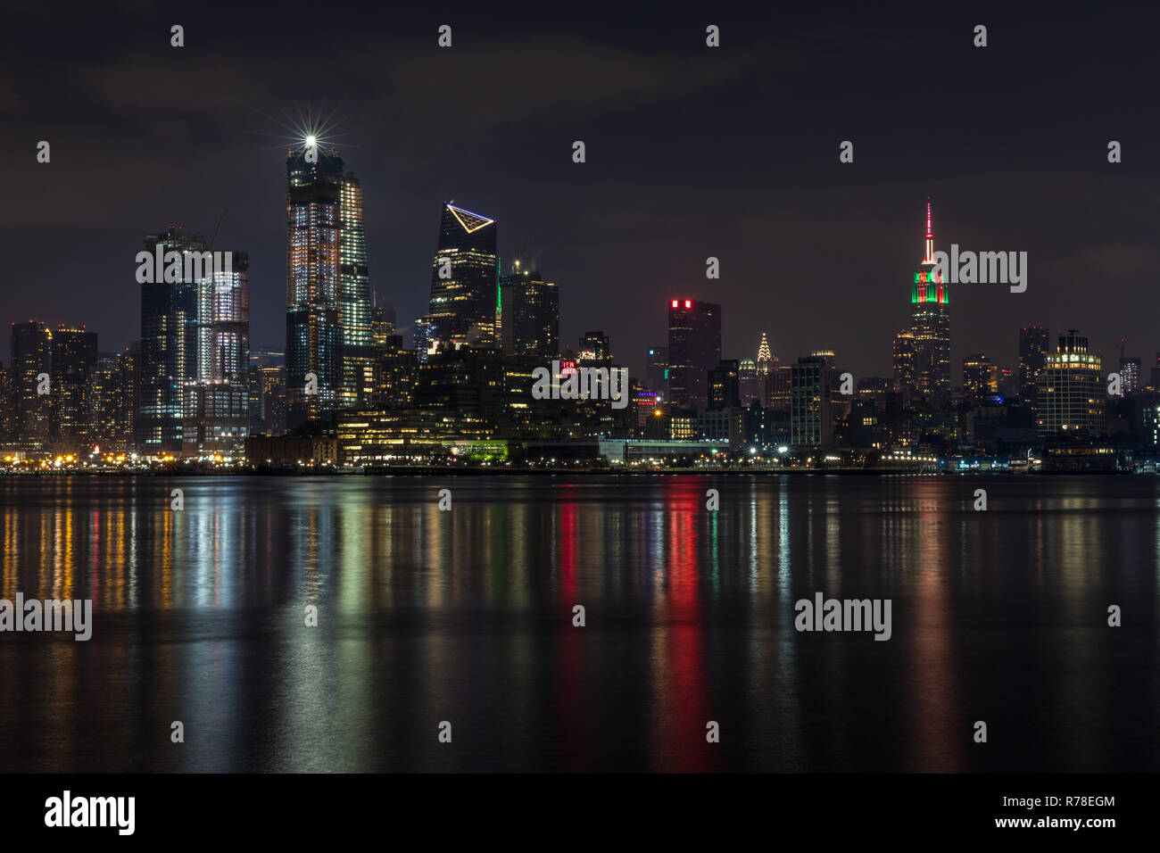 Manhattan skyline panorama with Times Square lights at dusk, New York ...