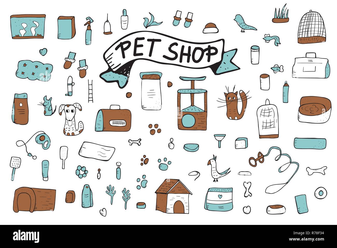 Pet Shop Concept Set Of Vector Domestics Animal Care Symbols In Doodle Style Stock Vector Image Art Alamy